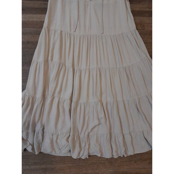 Womens Boho Tiered Cottagecore Prairie Peasant Midi Dress Minimalist Beige Sz 8 - Picture 2 of 8